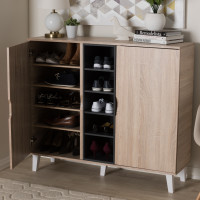 Baxton Studio SESC16105-Hana Oak/Dark Grey-Shoe Cabinet Adelina Mid-Century Modern 2-door Oak and Grey Wood Shoe Cabinet